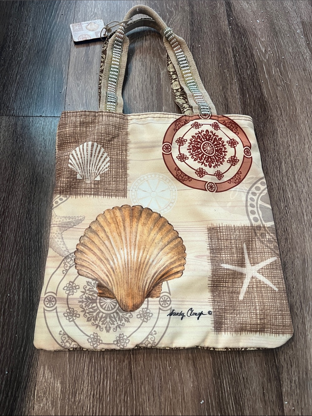 Sandy Clough Seashell Print Canvas Tote Bag in Cream and Brown